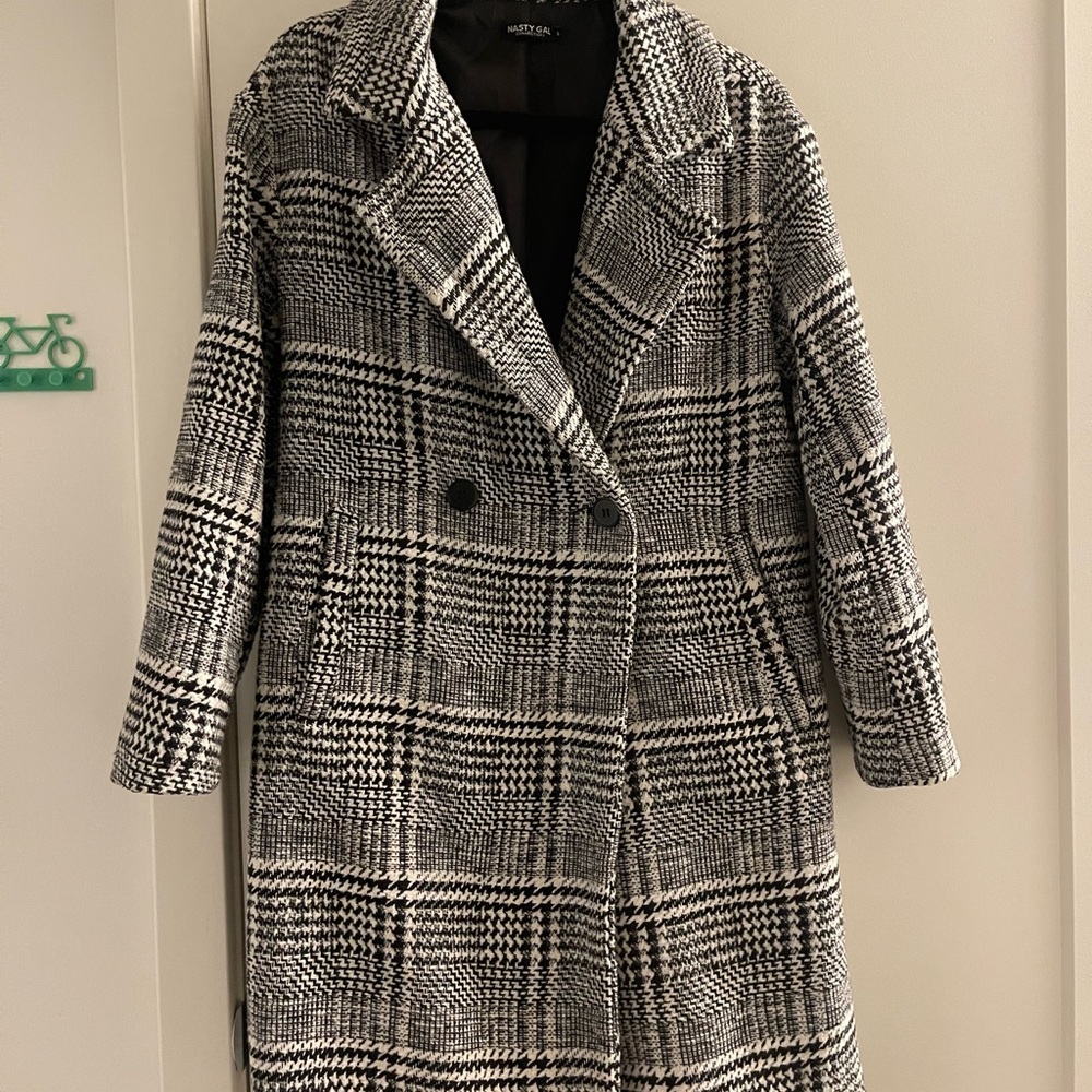 Black and white long gingham pea coat